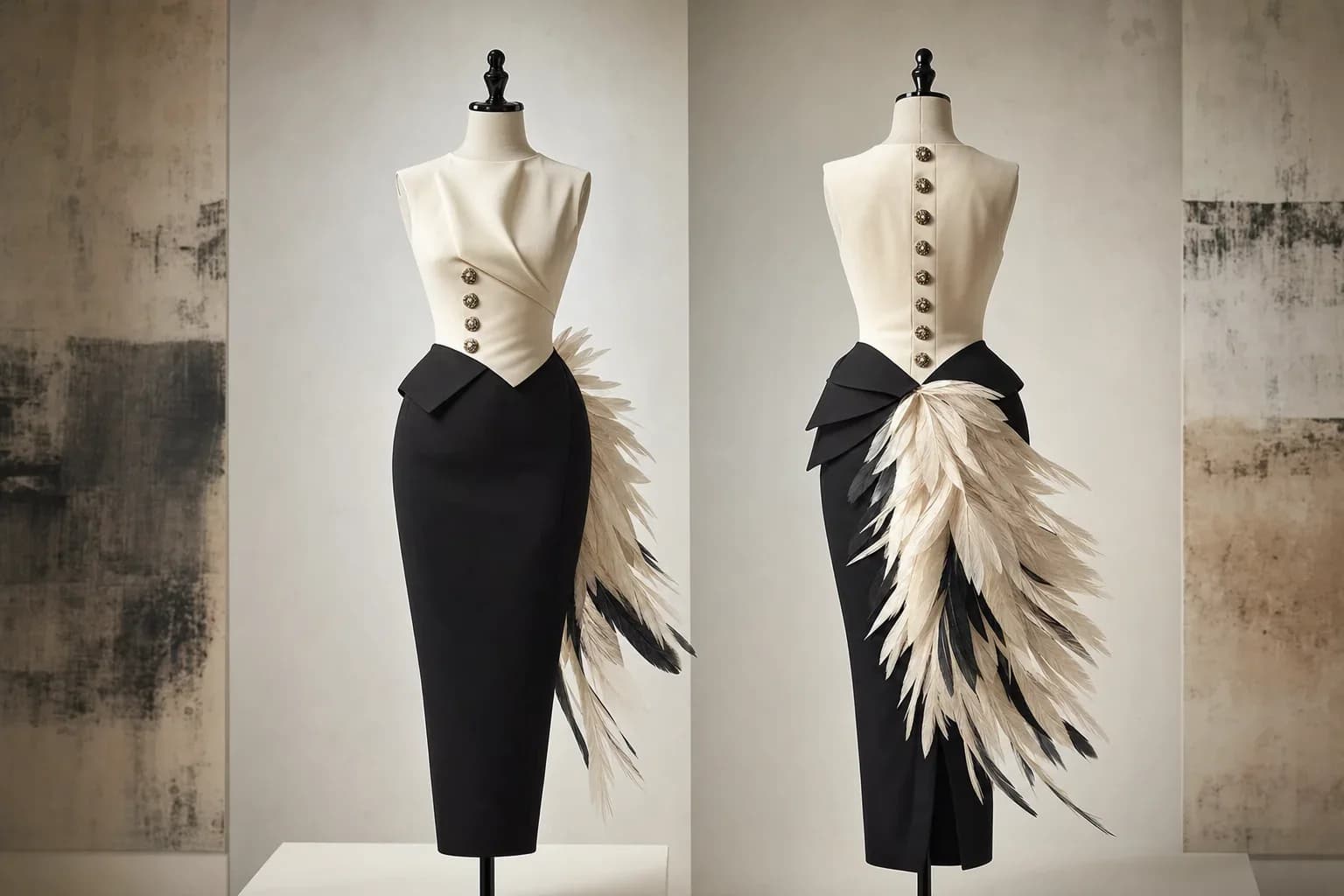 تصویرسازی مفهومی از لباس دوچهره شنل با دامن مشکی، تاپ کرم و جزئیات پرمانند در پشت، بدون انسان