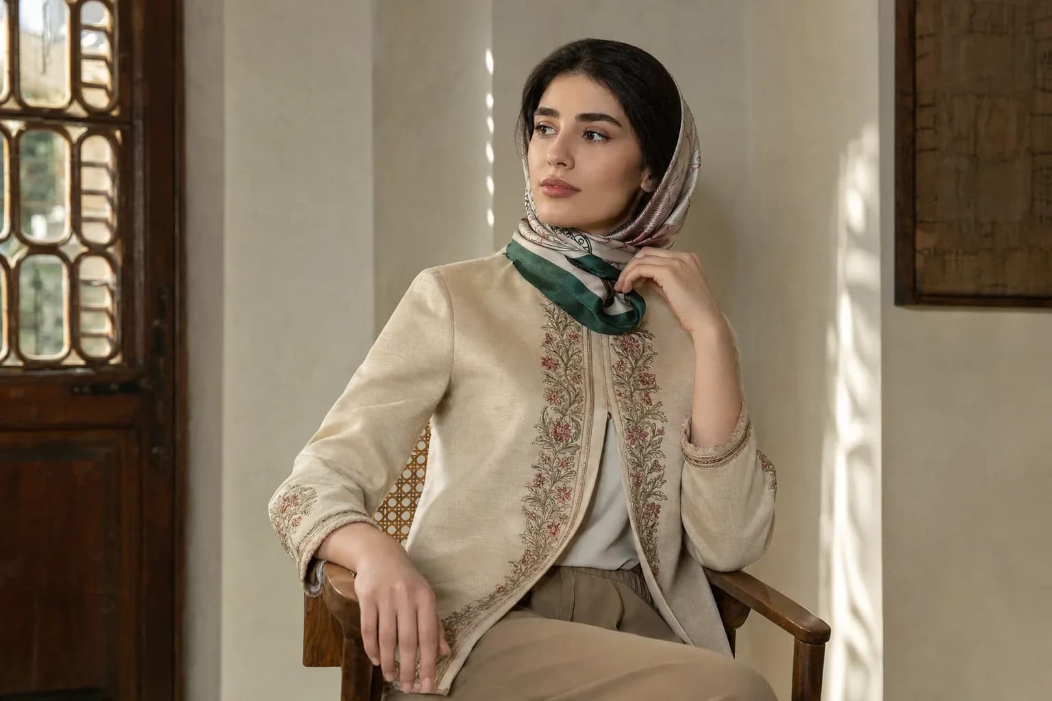 مدل زن بزرگسال خیالی ایرانی با کت گلدوزی‌شده و شلوار ساده در فضای داخلی مدرن