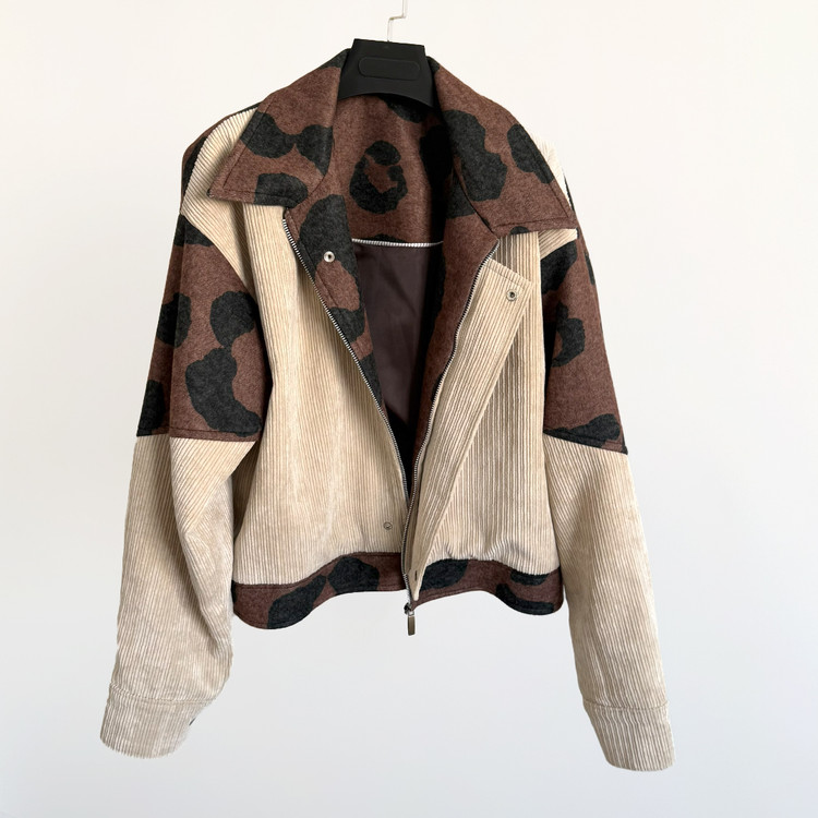 کت زنانه آستردار مدل آوین پلنگی با ترکیب کبریتی و لئوپارد